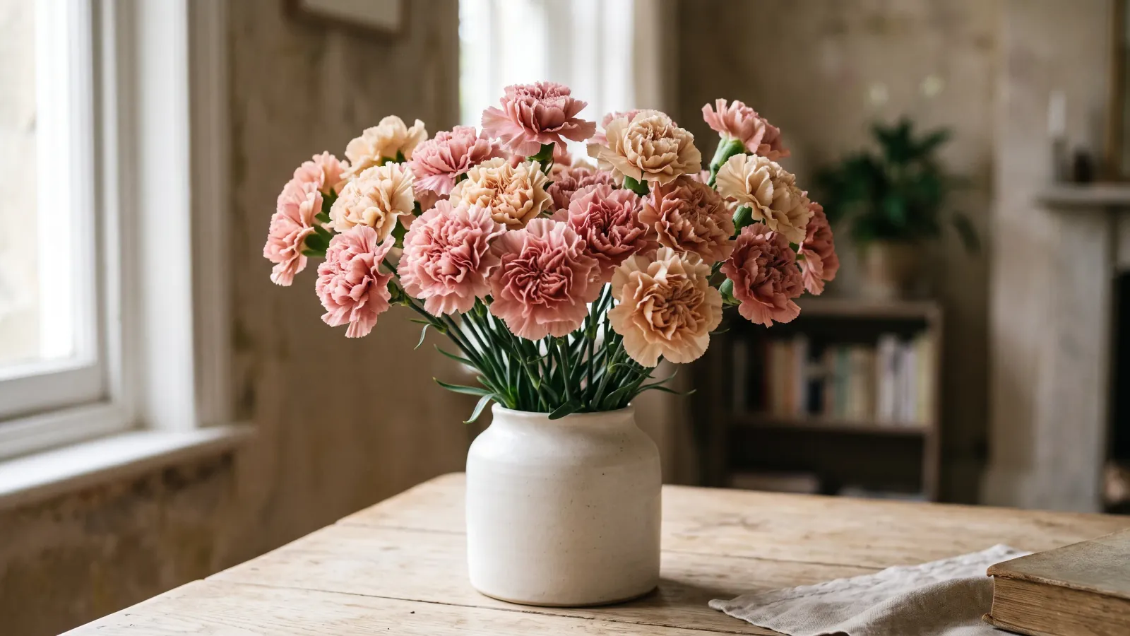 A bunch of pink and cream ruffled carnations in a white ceramic vase on a wooden table in soft window light