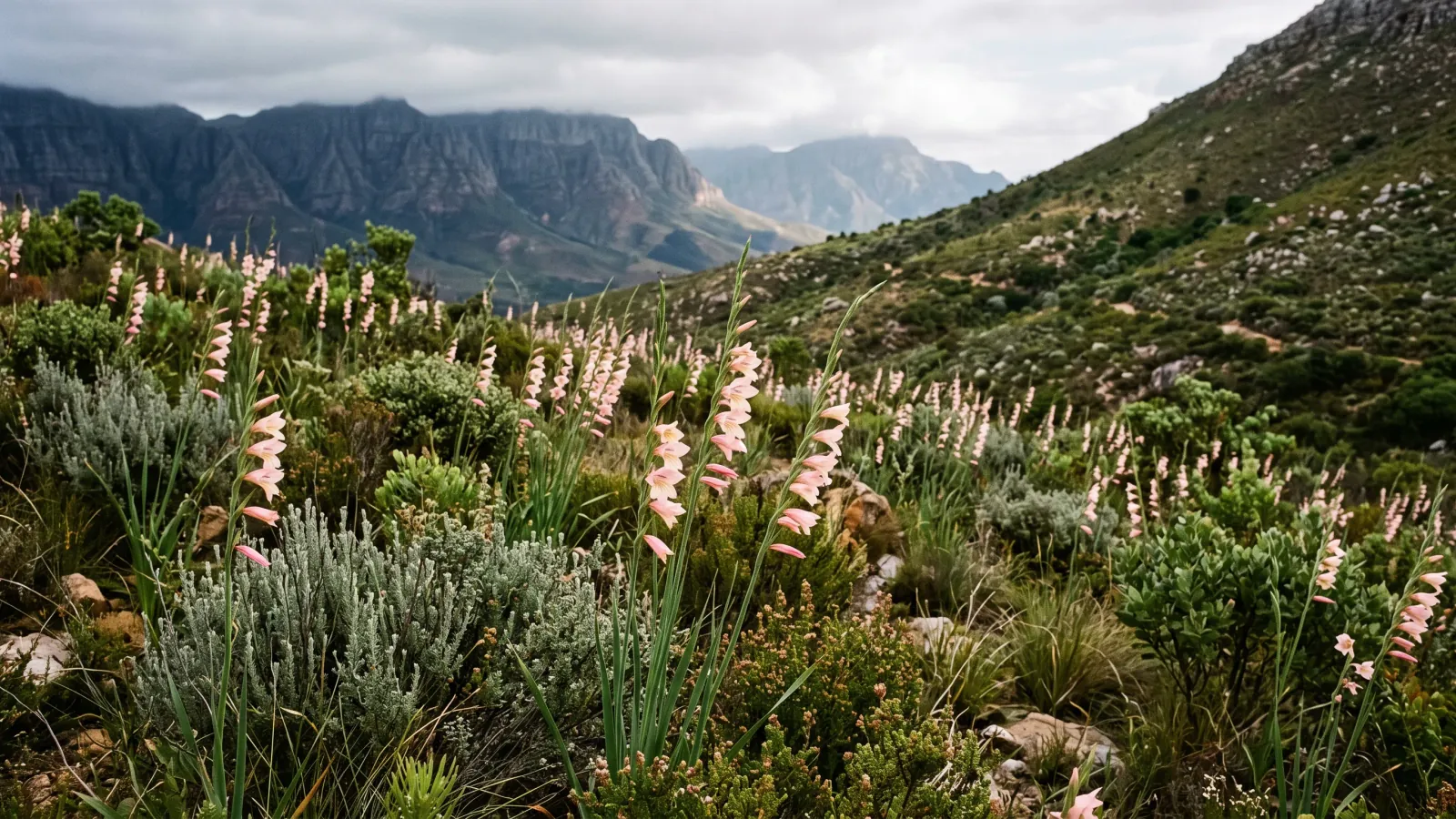 Wild pink gladiolus flowering among grey-green fynbos on a Western Cape hillside with mountains behind