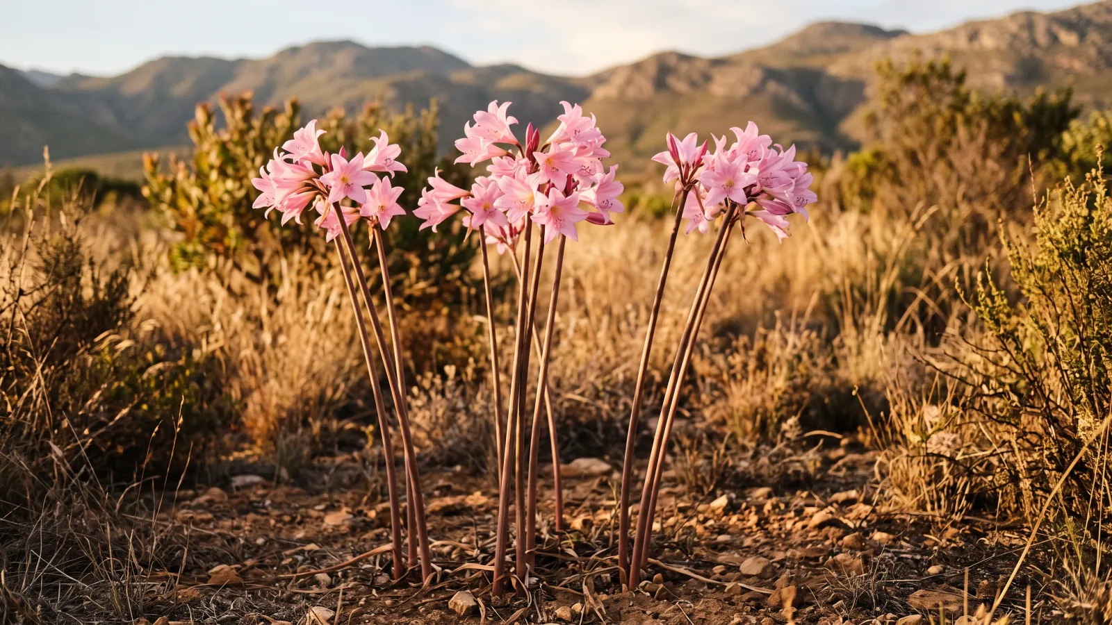 Pink March lilies, Amaryllis belladonna, flowering on tall bare leafless stems in dry late-summer Western Cape veld