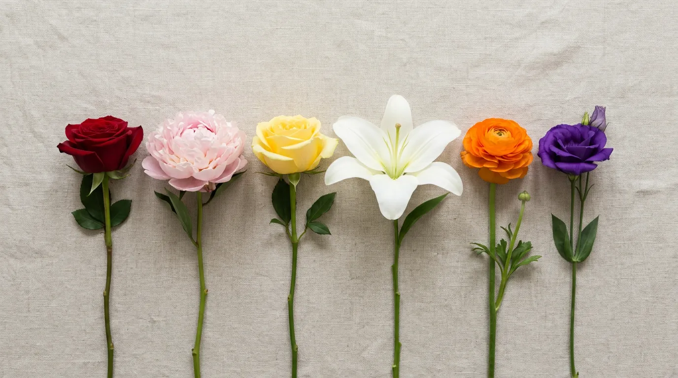 Flat-lay rainbow of red, pink, yellow, white, orange and purple flowers — a visual key to colour symbolism in floriography