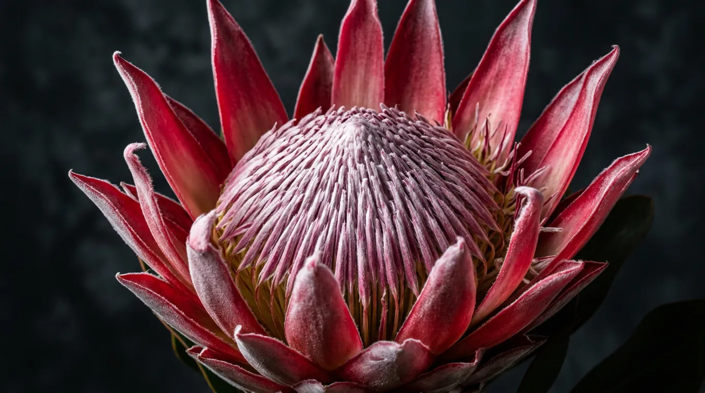 Close-up of a King Protea bloom in dramatic side light — South Africa's national flower symbolising courage, transformation and diversity
