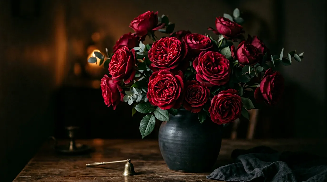 Deep crimson roses in a dark vase under candlelight — the classic Victorian floriography emblem of romantic love