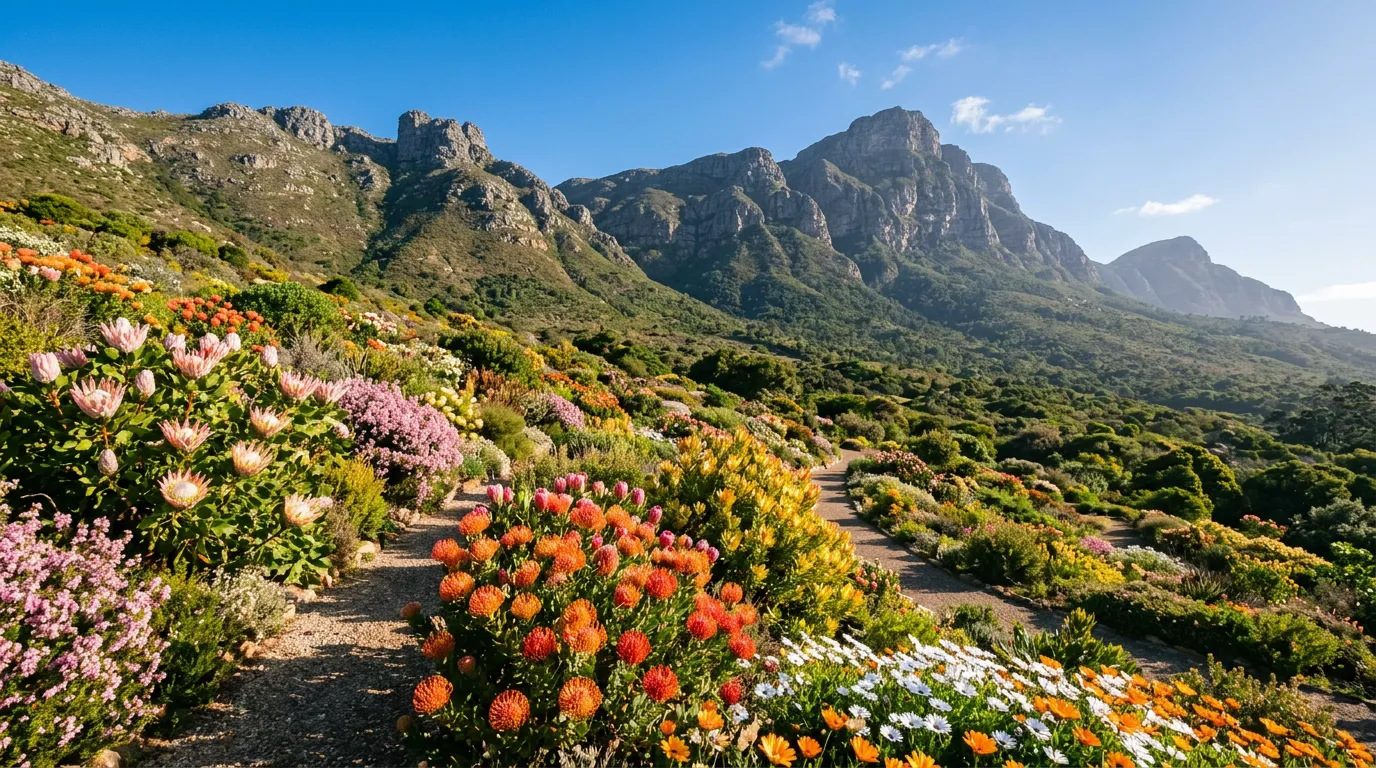 Cape Town fynbos in early spring bloom — proteas, pincushions and Namaqualand daisies on Table Mountain's slopes