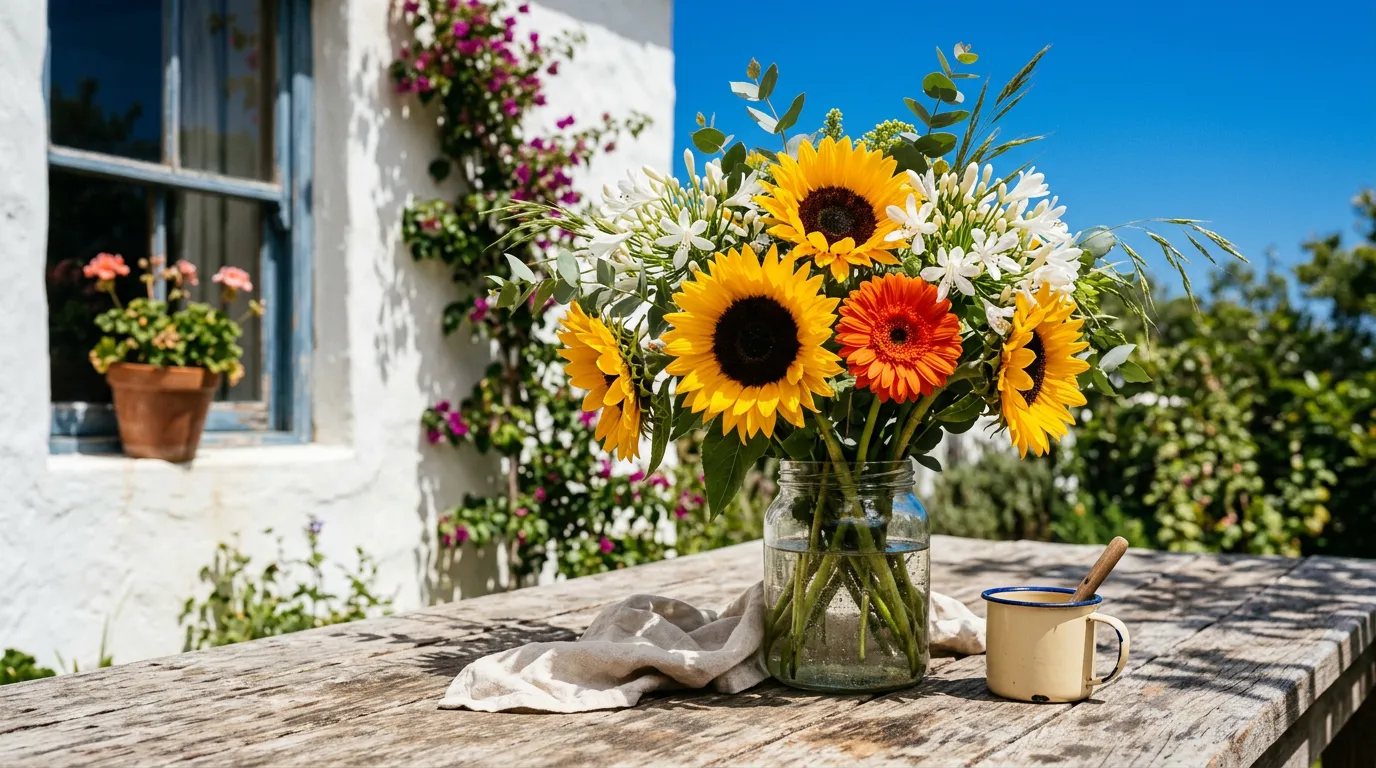 Cape Town summer sunflower bouquet with white agapanthus and orange gerbera, photographed in midsummer Mediterranean light