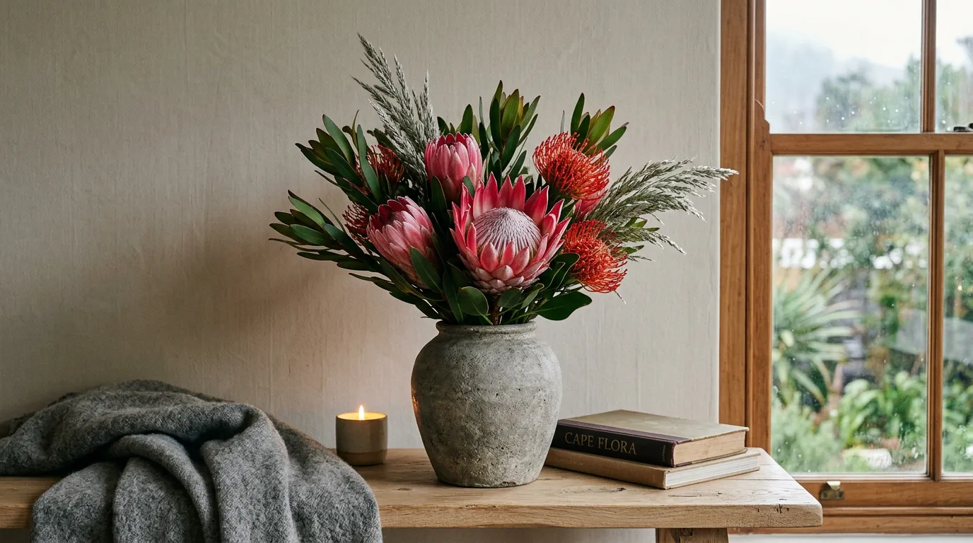 Cape Town winter protea bouquet with King Proteas, Pink Ice, pincushions and leucadendron in soft overcast light