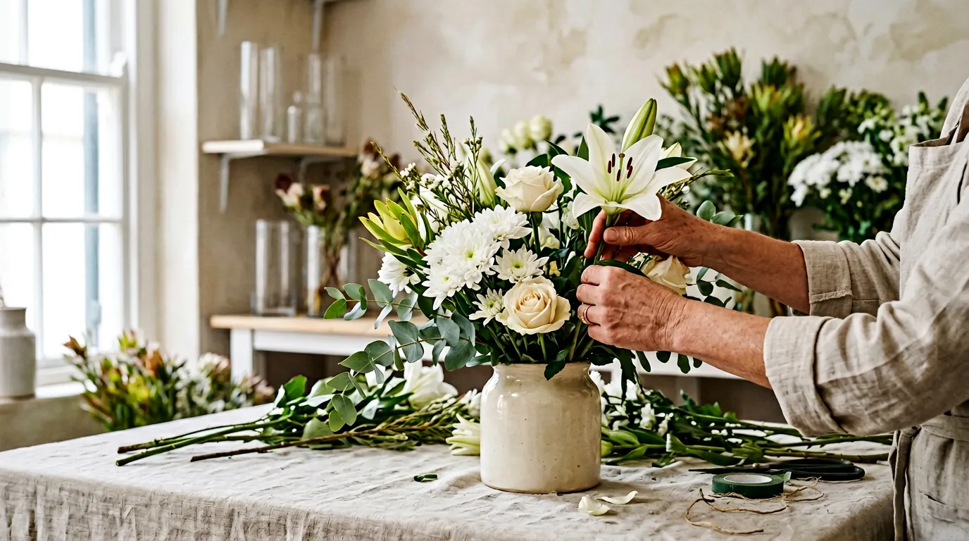 Cape Town florist's hands arranging white sympathy flowers on a linen-covered worktop, no faces, soft daylight