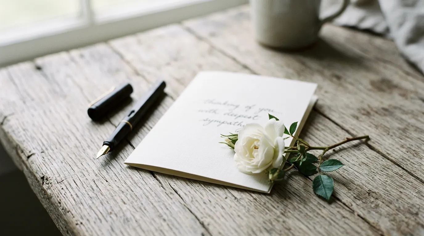 Sympathy card with a softly handwritten message, fountain pen and a single white rose on pale oak