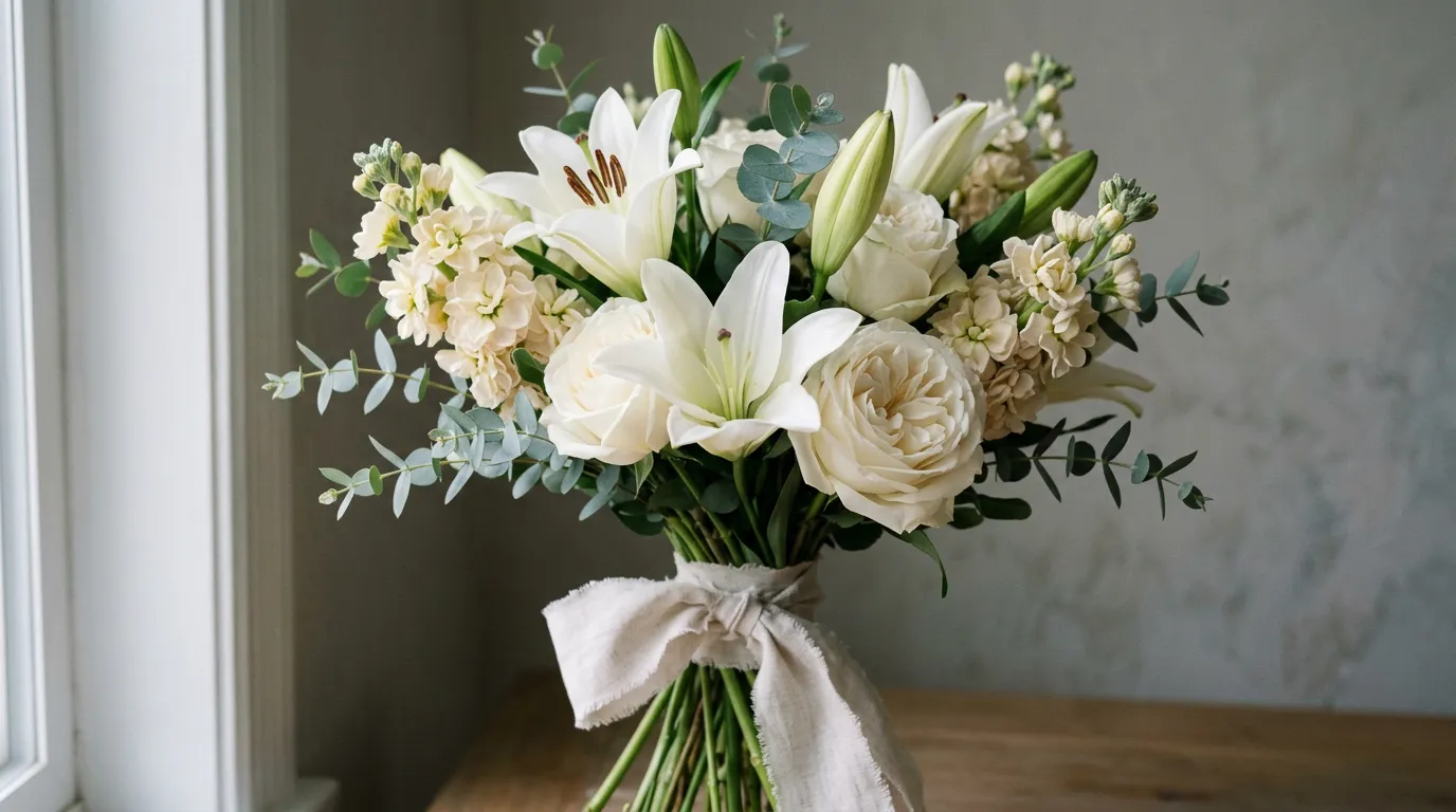 Soft white lily and ivory rose sympathy bouquet on a neutral background, hand-tied with pale linen ribbon