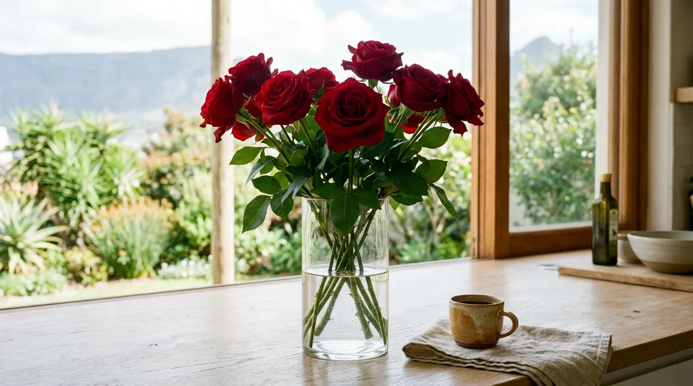 Fresh red roses arranged in a tall clear glass vase two-thirds full of water on a Cape Town kitchen counter in soft natural light