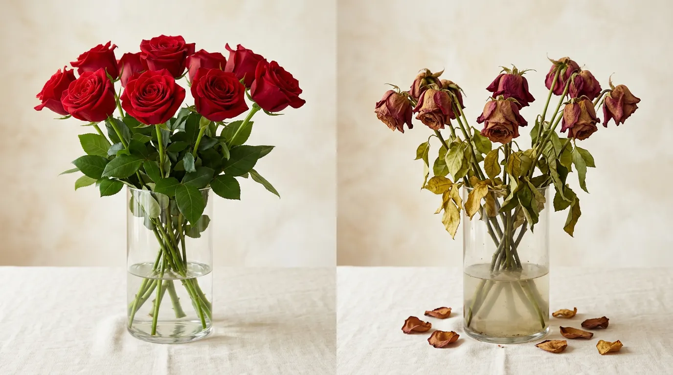Side-by-side comparison of two glass vases of red roses — fresh on day one versus drooping and browning on day eight