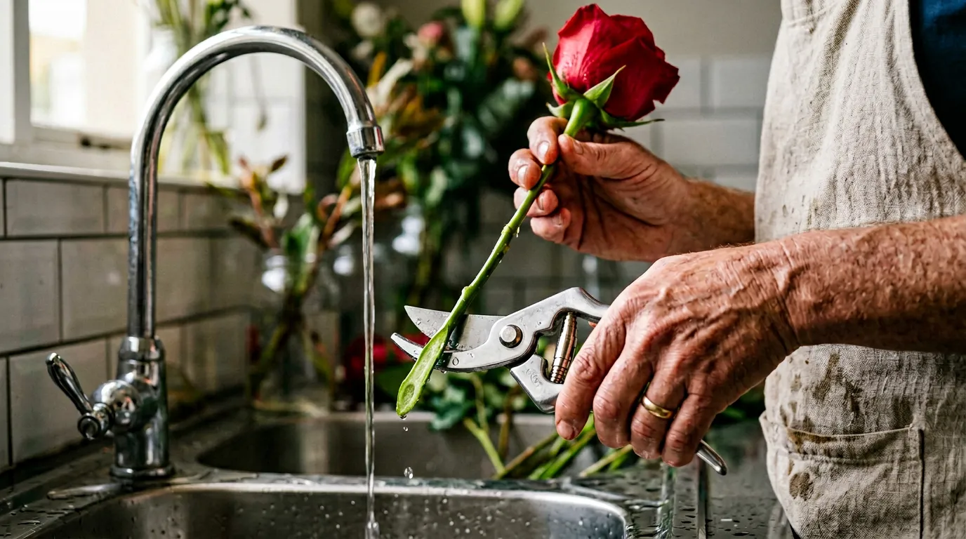 Florist's hands trimming a red rose stem at a 45-degree angle with sharp secateurs under running water at a kitchen sink