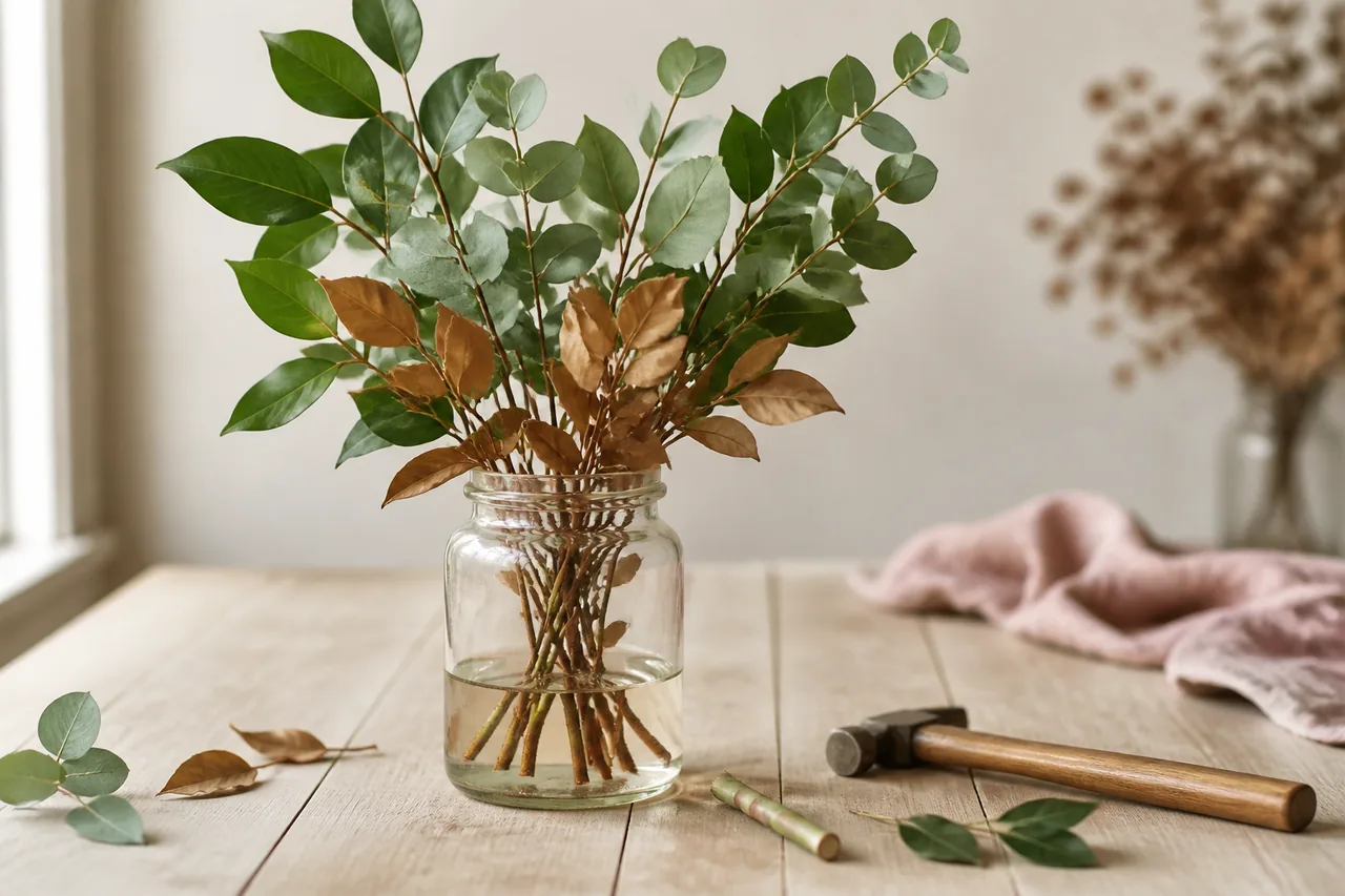 Woody foliage stems standing in a glass jar of pale glycerin solution, the lower leaves already turned leathery golden brown while the upper leaves are still green