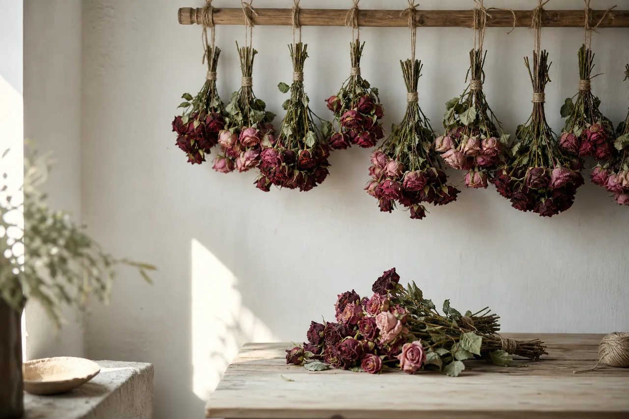 Preserved and dried roses arranged beside a jar of silica gel and a pressed bloom