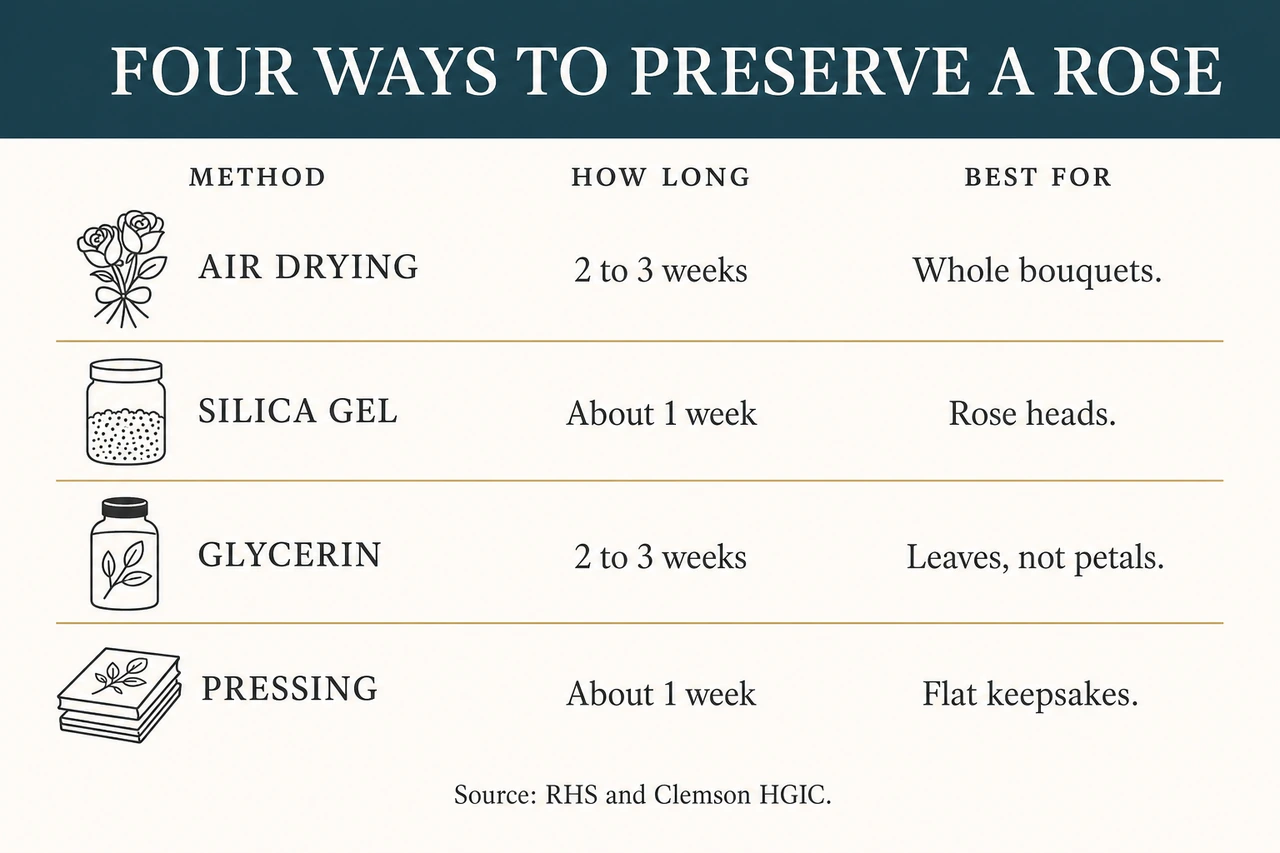 Four rose preservation methods compared: air drying 2 to 3 weeks for whole bouquets, silica gel about 1 week for rose heads, glycerin 2 to 3 weeks for leaves not petals, pressing about 1 week for flat keepsakes