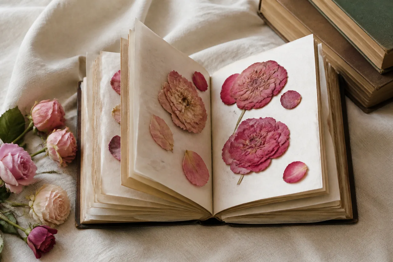 An old hardback book lying open with pressed rose heads and petals arranged between sheets of absorbent paper, more books stacked alongside as weight