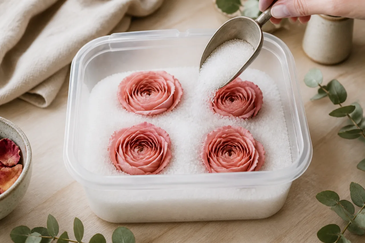 Four rose heads set face up in a clear tub of fine white silica gel crystals, with a small scoop trickling more crystals down between the packed petals