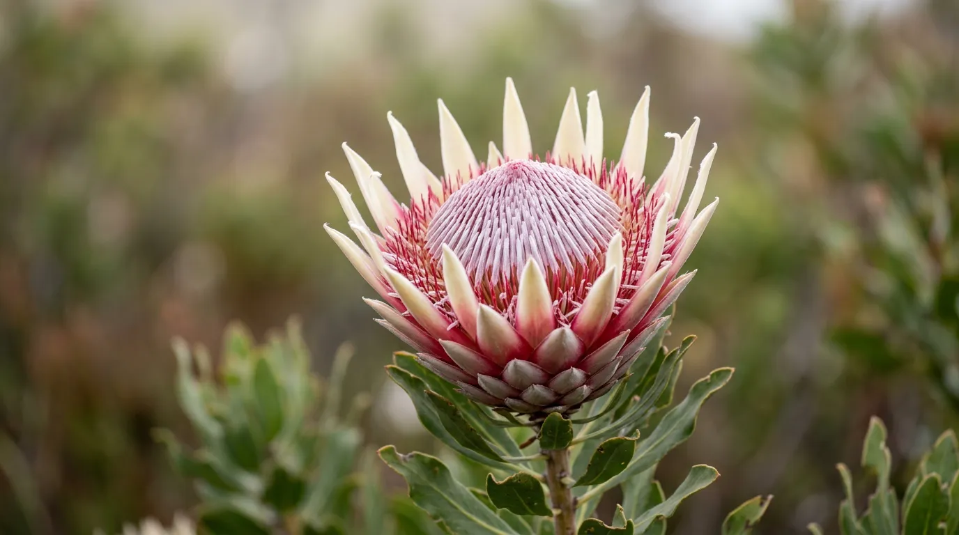 Close-up of a deep cerise pink King Protea bloom showing the crown of pointed bracts and velvety silver-pink centre