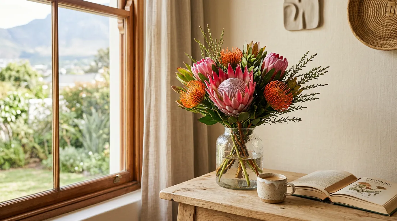 Mixed protea bouquet with King Protea, Pink Ice and Pincushion Proteas in a clear glass vase on an oak side table in a Cape Town home, soft natural daylight