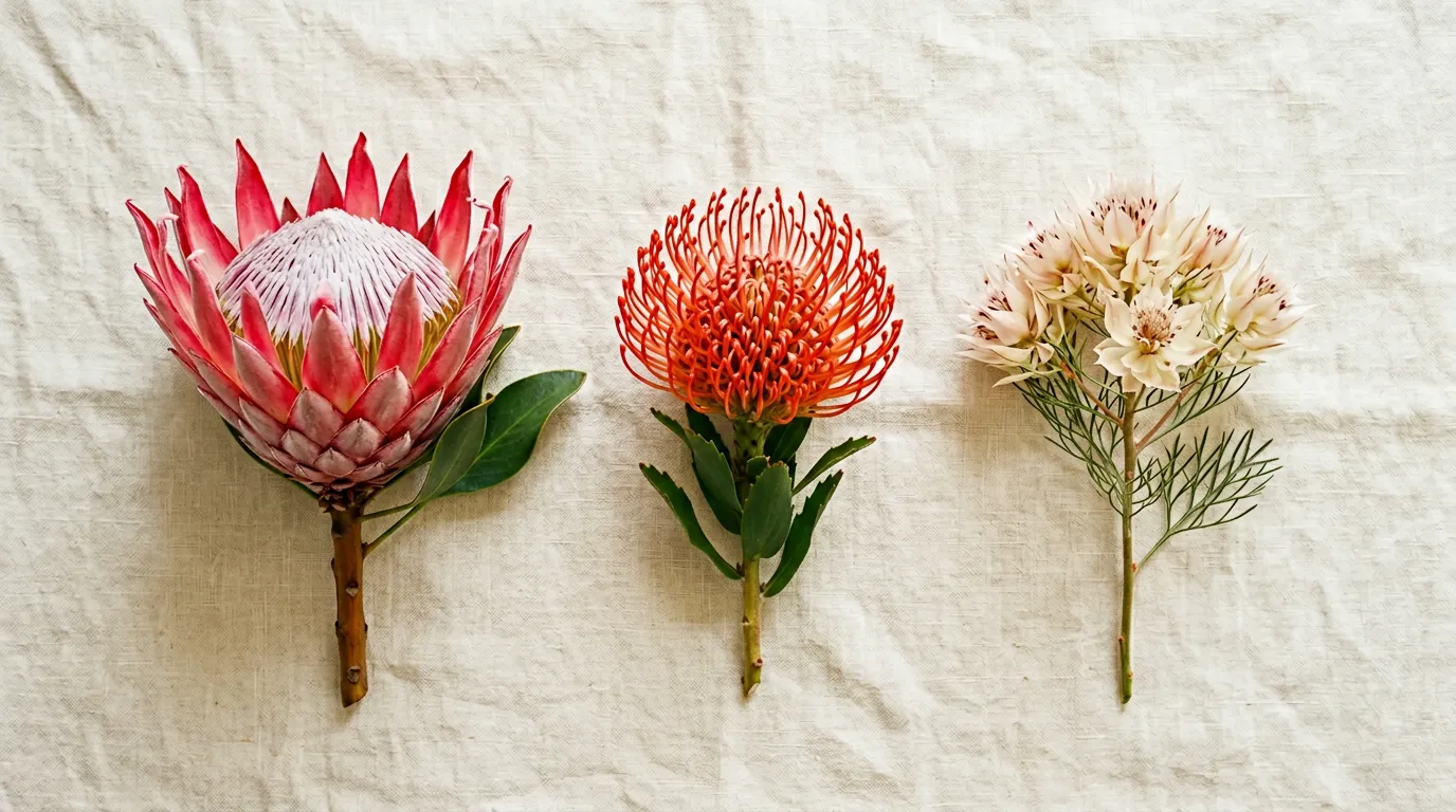 Three protea varieties laid side by side on cream linen: King Protea on the left, fiery orange-red Pincushion Protea in the centre, ivory-pink Blushing Bride on the right