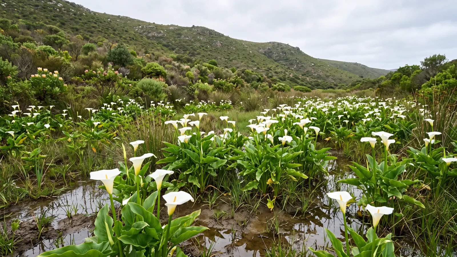 Wild white arum lilies growing in a marshy Western Cape valley with fynbos-covered hills behind
