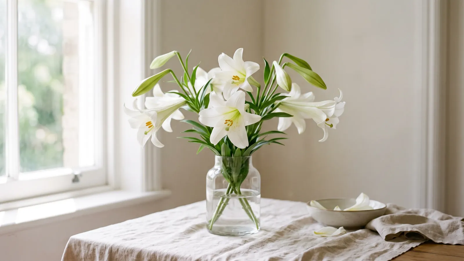 White St Joseph lilies (Lilium longiflorum) in a clear glass vase beside a window, with several unopened green buds still on the stems